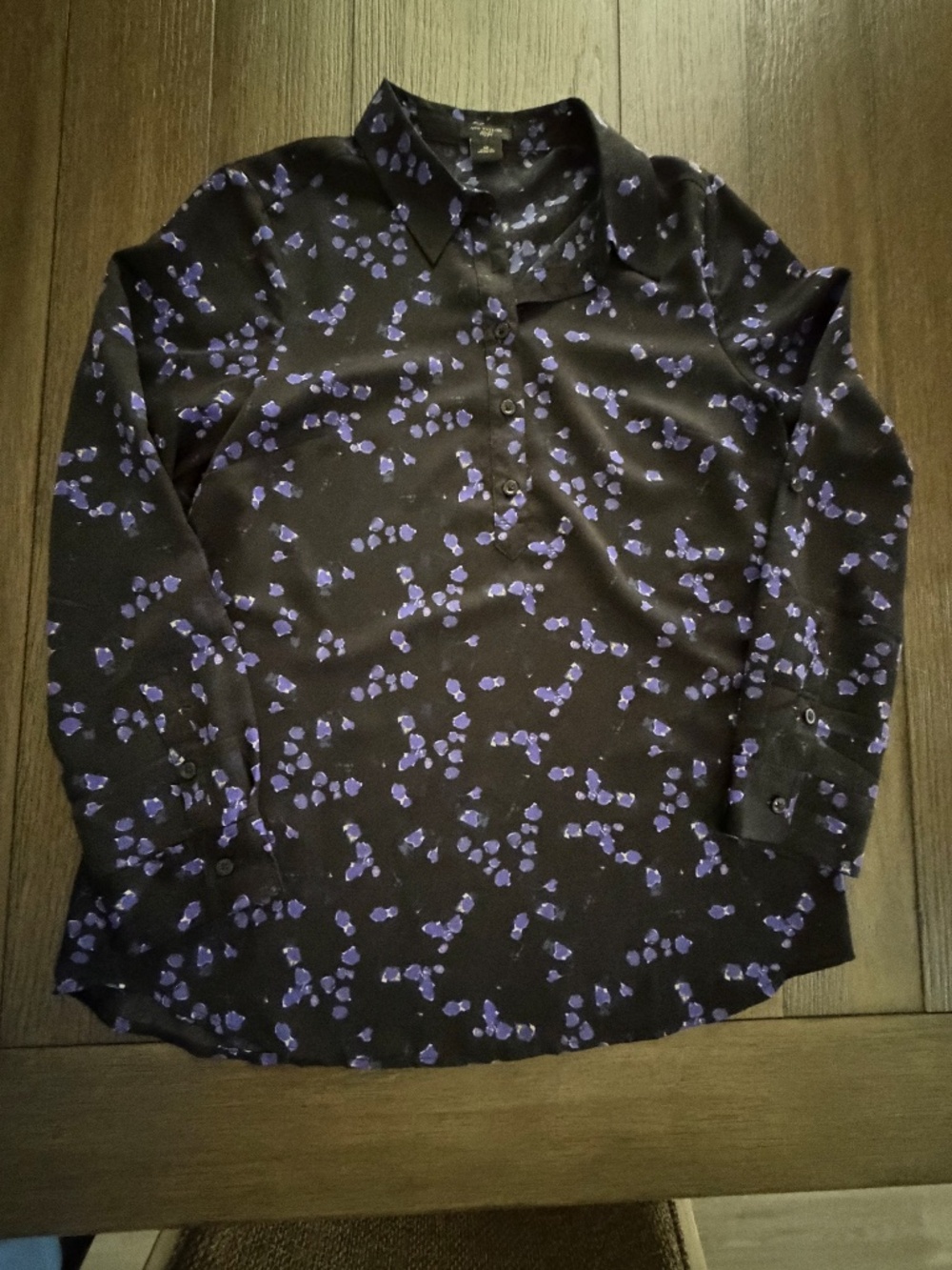 Ann Taylor Petite MP Black Purple Floral Long Sleeve Blouse